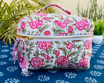 Floral Vanity Quilted cotton Large Makeup Bag, Cosmetic Organizer, Makeup Toiletry Organizer, Large Capacity Makeup Bag Bridal Shower Gift