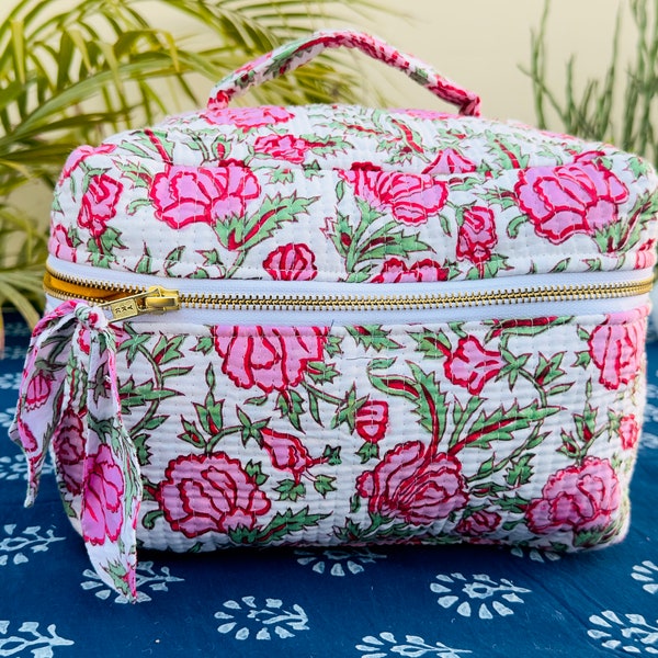 Floral Vanity Quilted cotton Large Makeup Bag, Cosmetic Organizer, Makeup Toiletry Organizer, Large Capacity Makeup Bag Bridal Shower Gift