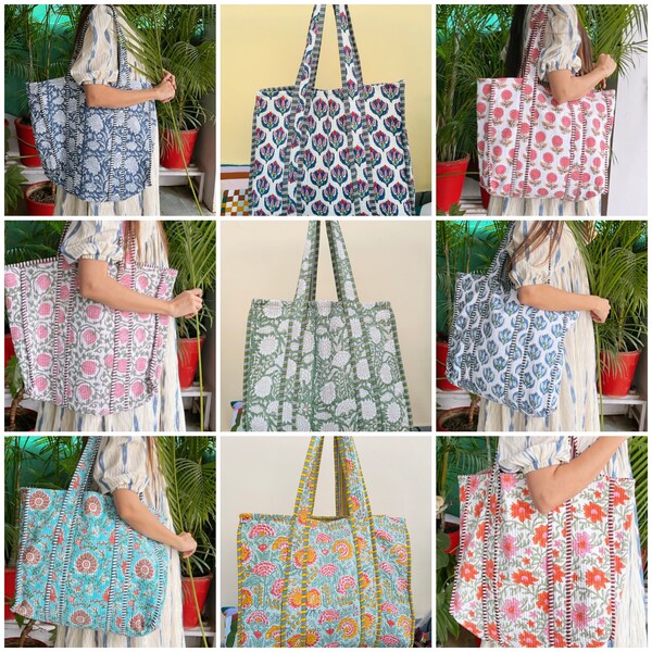 Large Cotton Quilted Tote Bags Women Reusable Grocery Shopping Bag Floral Block Print Bag Ethnic Cotton Handmade Bags Shoulder Bags