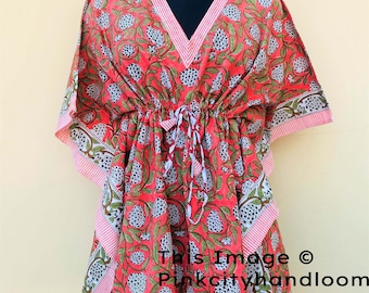 Night Wear Bathrobes Dress For Women 100 % Natural Cotton Kaftan Hand Block Printed Kimonos Robes Bikini Beach Cover Up With V-Neck Collar