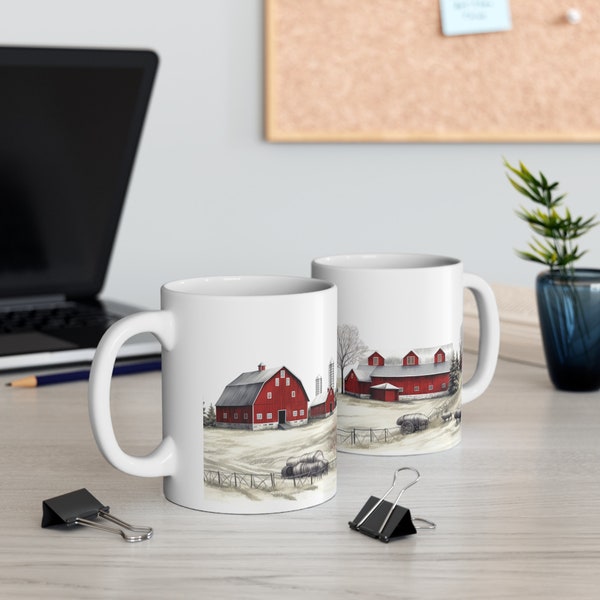 Red Barn mug, gift for tea lovers, nature inspired, panoramic farm scene, nature mug, farm mug