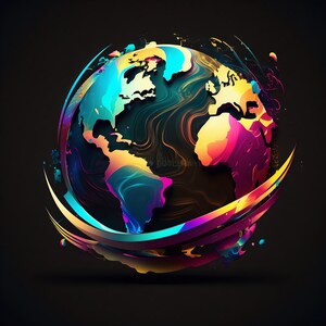 May include: A colorful, abstract globe illustration with continents in vibrant hues of blue, yellow, and pink. Swirls of color and a curved, rainbow-colored arc surround the globe against a dark background.