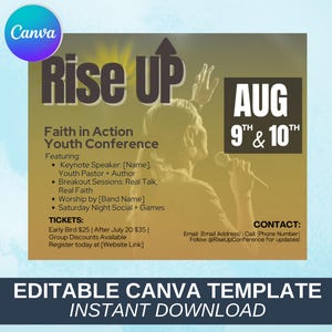 May include: A promotional graphic for a youth conference titled "Rise Up." The design features a silhouette of a person with a microphone, the dates August 9th & 10th, and event details. The Canva template is available for instant download.