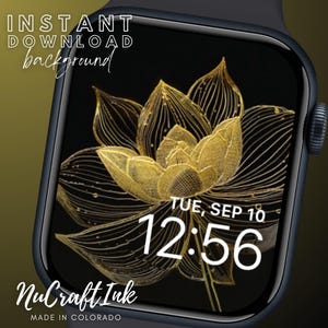 Sfondo del quadrante dell'Apple Watch con fiore di loto dorato in fiore Elegante sfondo floreale dorato Elegante accessorio per smartwatch di loto per Apple Watch