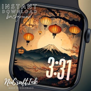 Könnte beinhalten: Ein Apple Watch-Zifferblatt mit einer digitalen Uhr, die 3:31 anzeigt. Der Hintergrund ist eine stilisierte Illustration einer Bergkette mit Kirschblüten und Laternen.