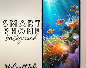 Saltwater Reef Smart Phone Background, Tropical Reef Theme Phone Wallpaper Background, Clown Fish