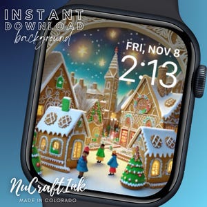 Sfondo natalizio per Apple Watch, sfondo per smartwatch Gingerbread Village, quadrante natalizio, accessorio per orologio per le feste affascinante