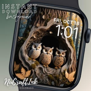 Sfondo per quadrante Apple Watch con gufi autunnali Gufi carini Quadrante per smartwatch per la natura autunnale ispirato alla carta artistica Quadrante per orologio
