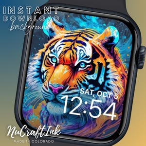 Fondo de pantalla con diseño de tigre para Apple Watch, salpicadura de color, ilustraciones de tigre, fondo de pantalla vibrante inspirado en la naturaleza para reloj inteligente, esfera de reloj inteligente para amantes de la naturaleza