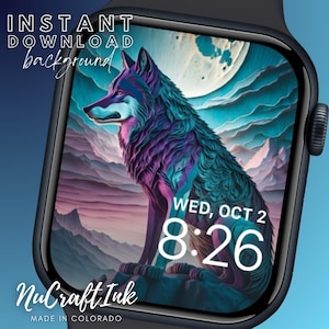 May include: A digital watch face with a purple and blue wolf illustration against a mountain and moon background. The watch face displays the date and time: "WED, OCT 2 8:26". The text "NuCraftInk MADE IN COLORADO" is at the bottom of the watch face.
