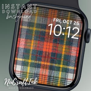 Könnte beinhalten: Eine schwarze Apple Watch mit einem roten, gelben, blauen und grünen karierten Zifferblatt. Datum und Uhrzeit werden auf dem Zifferblatt angezeigt: FRI, OCT 25 10:12. Der Text "NuCraft Ink MADE IN COLORADO" wird unten auf dem Zifferblatt angezeigt.