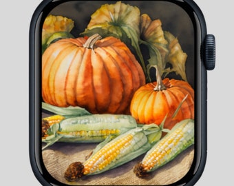 Fall Harvest Pumpkins and Corn Watercolor - Apple Watch Wallpaper