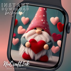 Love Gnome Apple Watch Face Background Cute Valentine Gnome Smartwatch Wallpaper Lovers Day Heart Gnome Wallpaper Valentine&#39;s Day Gift