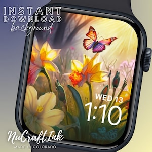 Sfondo con narcisi per Apple Watch, sfondo colorato per smartwatch primaverile, fiori e farfalle, regalo per la festa della mamma per gli amanti della natura