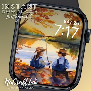 Fall Apple Watch Background Autumn Wallpaper Fall Colors Kids Fishing Watercolor Style Smartwatch Face Autumn Decor Nostalgic Aesthetic