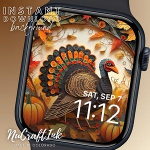 May include: A digital watch face with a Thanksgiving theme. The watch face features a colorful paper craft turkey with fall leaves and pumpkins. The time is displayed as 11:12 with the date SAT, SEP 7. The watch face is made by NuCraftInk, MADE IN COLORADO.