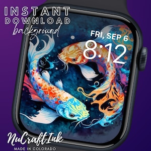May include: A digital watch face featuring a colourful koi fish design. The watch face displays the date and time, "FRI, SEP 6 8:12". The watch face is surrounded by a black watch strap.