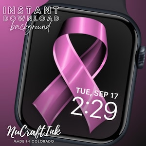 Puede incluir: Una cinta rosa en una esfera de Apple Watch negra con la fecha y la hora mostradas como "TUE, SEP 17 2:29". El texto "NuCraft Ink MADE IN COLORADO" está en la parte inferior de la pantalla.