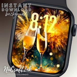 May include: A digital watch face with a gold background and fireworks. The time is 8:12. Two champagne glasses are in the foreground, clinking together. The text "NuCraft Ink" and "MADE IN COLORADO" is at the bottom of the watch face.