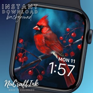 Sfondo con quadrante per Apple Watch Cardinale Rosso Cardinale e bacche Sfondo per Smartwatch Uccello invernale per amanti della natura e osservatori di uccelli