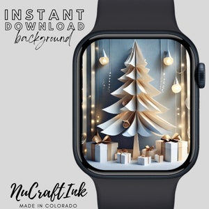 Sfondo per quadrante Apple Watch con albero di Natale Albero di Natale Arte in carta 3D Sfondo per smartwatch Albero di Natale blu e bianco Scarica le vacanze