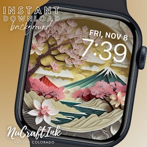 Sfondo del quadrante dell'Apple Watch con fiori di ciliegio, stile giapponese ispirato all'arte della carta, sfondo per smartwatch, accessorio per Apple Watch ispirato ai viaggi