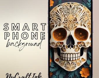 Day of the Dead Smartphone Background Wallpaper Día de Muertos Skull with Flowers Halloween Theme for iphone and Android