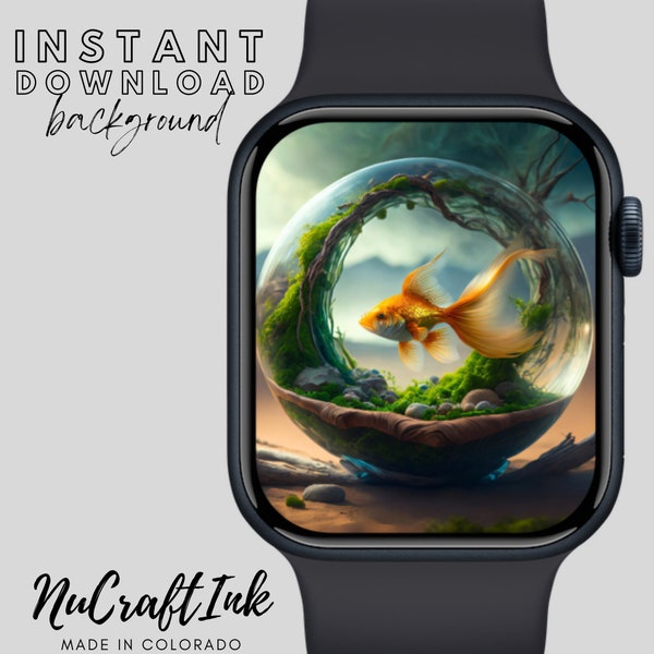 Goldfish Apple Watch Face Background, Surreal Aqua-Scape, Fantasy Terrarium Smartwatch Face Wallpaper