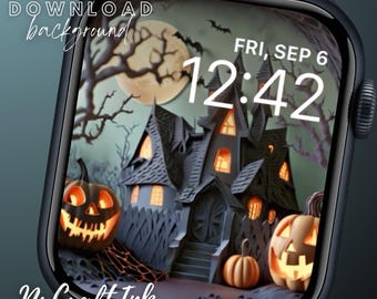 Halloween Apple Watch Face Wallpaper Fall Smartwatch Background Autumn Watch Face Paper Craft Haunted House Halloween Accessory