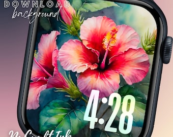 Watercolor Style Hibiscus Apple Watch Face: Floral Smartwatch Wallpaper (Digital Download)