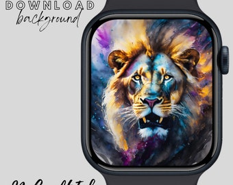 Sfondo del quadrante dell'Apple Watch con leone, sfondo dello smartwatch King of the Jungle, quadrante dell'orologio con leone colorato, sfondo del leone africano