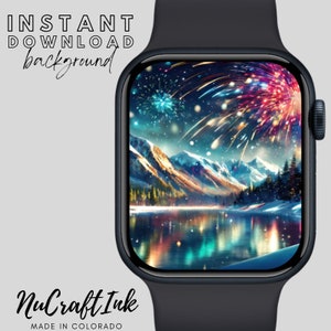 Celebrazione della vigilia di Capodanno Sfondo del quadrante dell'Apple Watch Fuochi d'artificio in montagna Tema Sfondo dello smartwatch Festeggia il Capodanno con stile