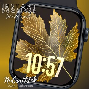 May include: A black Apple Watch face with a gold leaf design and the time 10:57 displayed in yellow. The text "NuCraft Ink" and "MADE IN COLORADO" is at the bottom of the watch face.