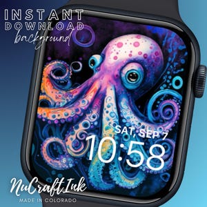 May include: A colorful digital watch face with an octopus illustration. The octopus is pink, blue, and purple with white spots. The watch face also displays the date and time: "SAT, SEP 7 10:58". The watch face is made by NuCraftInk, MADE IN COLORADO.