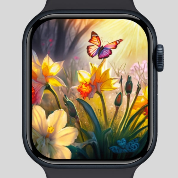 Daffodils and Butterfly at Dawn Painting Style • Smart Watch Background • Spring Flowers Watch Face Background • Mother's Day Gift