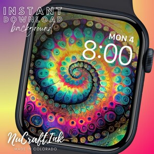 May include: A colorful abstract spiral pattern in shades of blue, green, yellow, orange, pink, and purple. The pattern is displayed on a black Apple Watch face with the time 8:00 and the date MON 4. The watch face also includes the text "NuCraft Ink" and "MADE IN COLORADO".