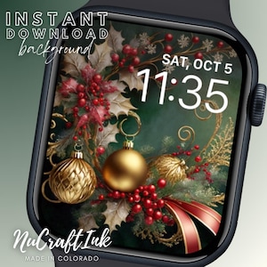 Elegante Weihnachten Apple Watch Face Wallpaper Winter Thema Smartwatch Hintergrund Grün und Gold Weihnachten Zifferblatt Regal Uhr Zubehör