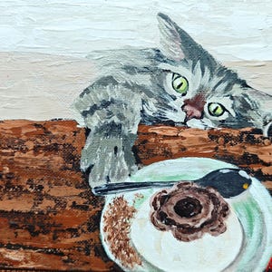 Gray Cat With Dessert Original Framed Art Animal Painting By RinaArtSK