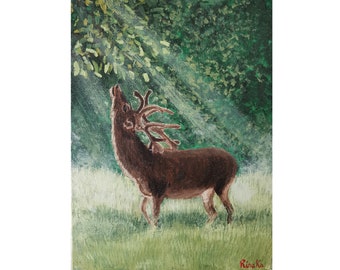 鹿のオリジナルアート作品、動物の油絵、リビングルームのアート、野生