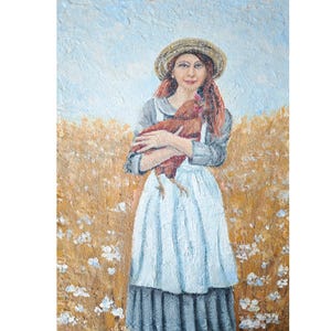 Woman With Chicken Original Wall Art Figurative Painting On Canvas Artwok By RinaArtSK