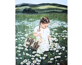 油彩画 子供と女性の風景 花を持つ少女の油絵、デイジーを持つバレエ少女の窓辺の壁画、風景画