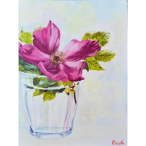 Rosehip Flower Original Framed Wall Art Still Liffe Painting By RinaArtSK