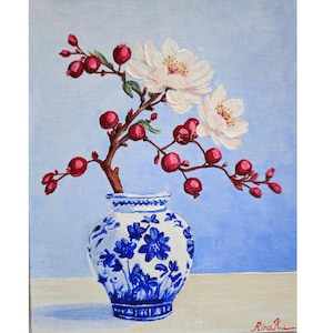 Magnolia Branch With Red Berries Original Art Flowers Still Life By RinaArtSK