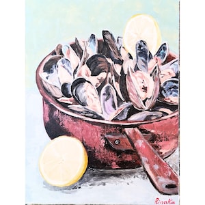 Mussels in Pan Coastal Kitchen Still Life Seafood Art Original Painting By RinaArtSK