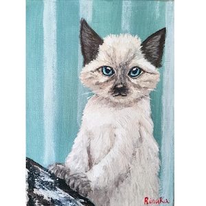Portrait de chat siamois encadré oeuvre d'art originale peinte à la main par RinaArtSK