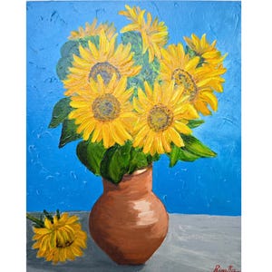 Bouquet Of Sunflowers On A Blue Background Original Art Flowers Still Life By RinaArtSK