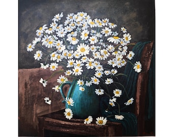 Daisy Flowers In A Turquoise Jug On A Dark Background Original Acrylic Art By RinaArtSK
