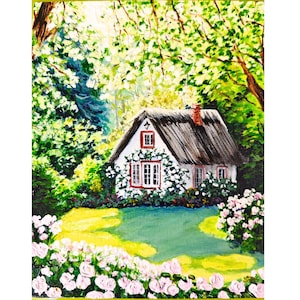 Cottage Garden Original Painting Thatched Roof House with Roses By RinaArtSK