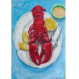 Frutos do mar, lagosta em prato, arte original de cozinha, natureza morta, obra de arte de RinaArtSK