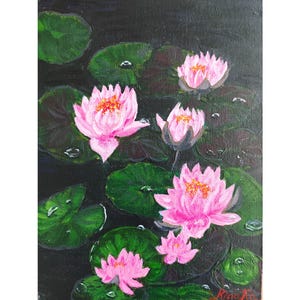 Pintura de flores de nenúfares rosa, arte original, decoração de parede exclusiva por RinaArtSK